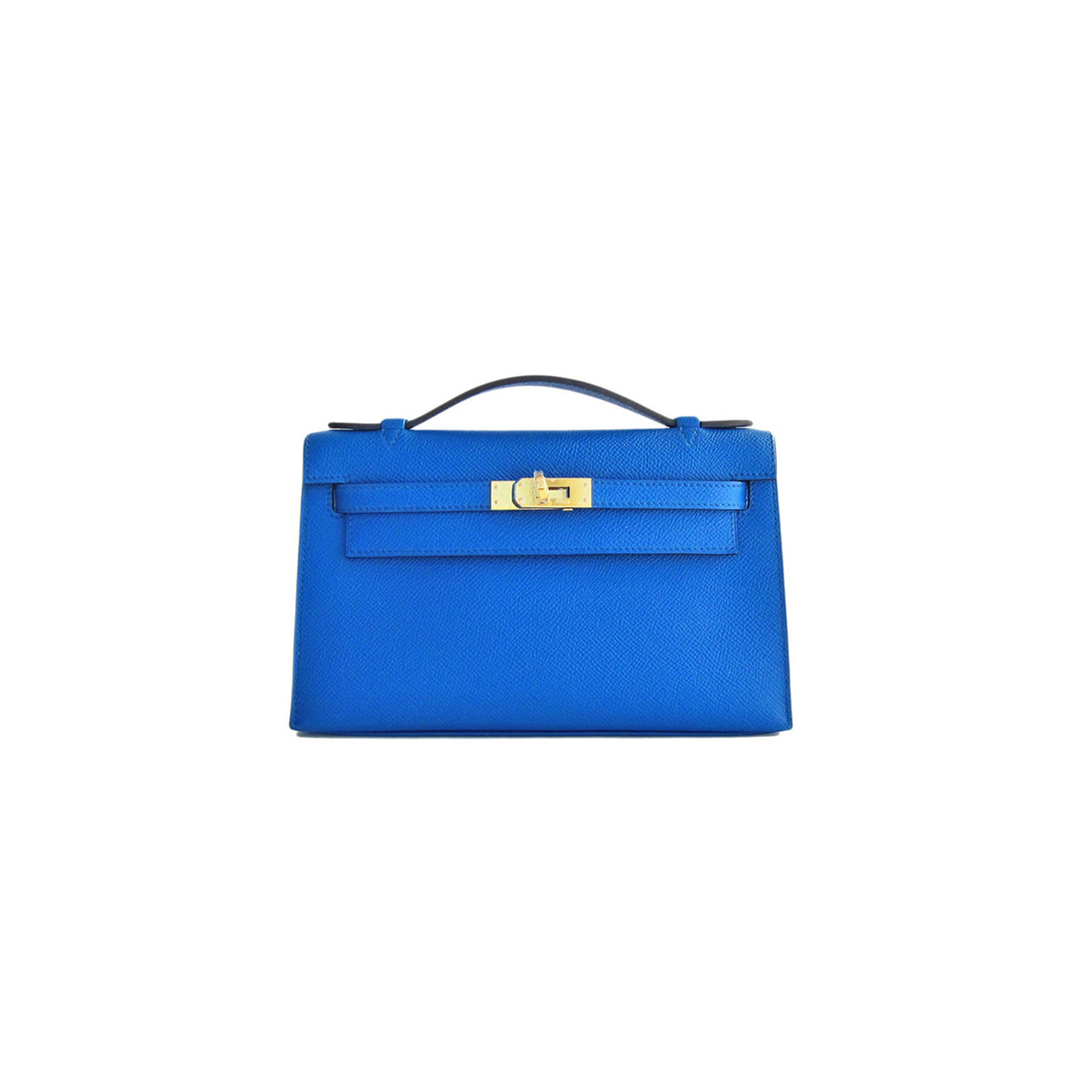 HERMES BLUE IZMIR GOLD KELLY POCHETTE EPSOM GHW CLUTCH CUT BAG (22*14*7cm) 